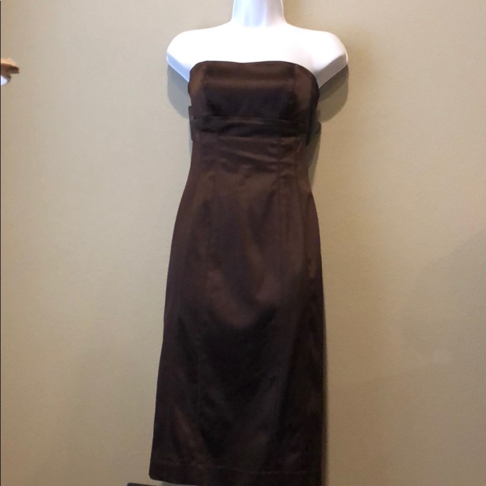 BEBE brown satin strapless pencil dress